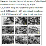 Figure 4: Scanning Electron Micrographs of Mixed ligand complexes taken on the scale of 1μ, 5μ, 10μ as a, b, c) SEM  image of Co(II) mixed ligands complexes, d, e, f) SEM image of  Ni(II) mixed ligands complexes , g, h, i) SEM image of Cu(II) mixed ligands complexes.
