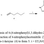 Figure 2: Synthesis of 4-(4-nitrophenyl)1,3.dihydro-2H-pyrrol-2-one (5). Reaction of 4-nitrophenylacetonitrile (3) with6-cloro-1-hexyne (4) to form 5. i = ET3N/CHCl3