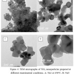 Figure 4. TEM micrographs of TiO2 nanoparticles prepared at different experimental conditions. A: Nu1 at 450oC, B: Nu3 at 550oC, C: Ac2 at 650oC, and D: Nu1 at 650oC.