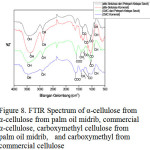 Figure 8: FTIR Spectrum of α-cellulose from α-cellulose from palm oil midrib, commercial α-cellulose, carboxymethyl cellulose from palm oil midrib, and carboxymethyl from commercial cellulose