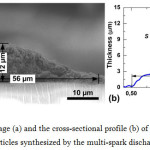 Figure  4: The SEM image (a) and the cross-sectional profile (b) of a sintered line formed of deposited silver nanoparticles synthesized by the multi-spark discharge generator.