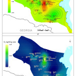 Figure 3: Geochemical parameters’ distribution map in the Khadum Formation of the Central and Eastern Fore-Caucasus: а. TOC concentration, b. Тmax values, c. Total generative potential (S1+S2), d. Realized generative potential (S1), e. Residual generative potential (S2), f. Hydrogen index (HI).