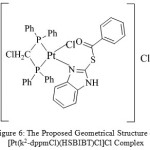 Figure 6: The Proposed Geometrical Structure of [Pt(k2-dppmCl)(HSBIBT)Cl]Cl Complex