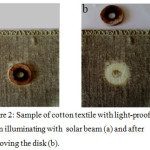 Figure 2: Sample of cotton textile with light-proof disk when illuminating with solar beam (a) and after removing the disk (b).