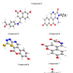 Figure 1: Optimized 3D geometrical structures for compounds: 1,,3, 4, 6,7 and 8.