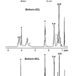 Figure 1: 1H-NMR spectra of (above) Boltorn-2CL and (below) Boltorn-4CL in CDCl3 (peak assigments as shown).