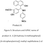 Figure 5: Structure and IUPAC name of product A. 1-[(4-hydroxy-3-methoxyphenyl) (4-nitrophenylamino)] methyl naphthalene-2-ol
