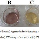 Figure 2:  AgNPs synthesized from (a) Ag standard solution using reflux method (b) Ag standard solution using aging method (c) PW using reflux method (d) PW using aging method