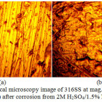 Figure 4: Optical microscopy image of 316SS at mag. x40 (a) before corrosion, (b) after corrosion from 2M H2SO4/1.5% NaCl solution
