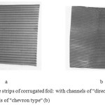Figure 1: The strips of corrugated foil: with channels of "direct" type (a), with channels of "chevron type" (b)