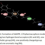 Figure 1: Formation of AAHPR .174 pharmacophore model showing two hydrogen bond acceptors (A1 and A2), one hydrophobic group (H4), one positively charged group (P5), and one aromatic ring (R6).