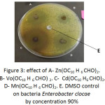 Figure 3: effect of A- Zn (OC10 H 6 CHO) 2 . B-Vo (OC10 H6 CHO)2. C-Cd (OC10 H6 CHO) 2 .D- Mn (OC10 H6 CHO)2. E. DMSO control  on bacteria Enterobacter clocae by concentration 90%