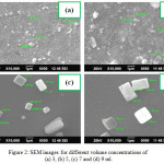 Figure 2: SEM images for different volume concentrations of (a) 3, (b) 5, (c) 7 and (d) 9 ml.