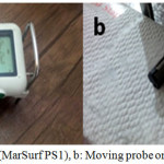 Figure 3a: Roughness Tester (MarSurf PS1), b: Moving probe on the sample surface