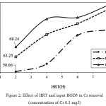 Figure 2: Effect of HRT and input BOD5 in Cr removal (concentration of Cr 0.3 mg/l)