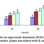 Fig 9. Effect of silver nanoparticles on superoxide dismutase (SOD) activity over time in the leaves of cucumber plants inoculated with R. solani