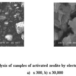 Fig.1: Analysis of samples of activated zeolite by electron microscopy:  a)	х 300, b) х 30,000