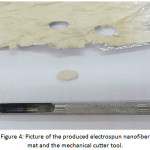 Figure 4: Picture of the produced electrospun nanofiber mat and the mechanical cutter tool.