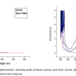 Figure 2: A)UV-vis spectrophotometer showing peaks of leaves extracs and silver nitrate, B) Confirmation of silver nanoparticles at different time interval.