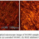 Figure 10: Optical microscopy image of S41003 sample from H2SO4 solution (a) corroded S41003, (b) ROZ inhibited S41003
