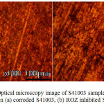 Figure 9: Optical microscopy image of S41003 sample from HCl solution (a) corroded S41003, (b) ROZ inhibited S41003