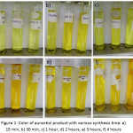 Figure 1: Color of aurantiol product with various synthesis time: a) 15 min, b) 30 min, c) 1 hour, d) 2 hours, e) 3 hours, f) 4 hours
