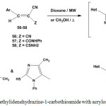 Scheme 26: Reaction of ethylidenehydrazine-1-carbothioamide with acrylonitrile derivatives