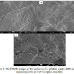 Figure 3: The FESEM images of the surfaces of a) pristine waste LDPE and the b) nanocomposites at 2 wt % organo-modified (Cloisite 20A) clay and c) 2 wt % unmodified clay.