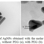 Figure 1: TEM of AgNPs obtained with the molar ratio [Ag]: [C6H5O73-] = 1:3, without PEG (a), with PEG (b).