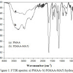 Figure 1: FTIR spectra: a) PMAA- b) P(MAA-MA5) hydrogels