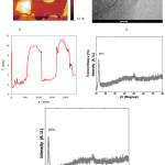 Figure 1a: AFM (atomic force microscopy)image and height profile of GO, (b)TEM (transition electron microscopy) of GO, (c) FTIR of GO , (−OH) and (C=O) spectrums of GO carboxyl group, were appeared at (3374 cm-1) and (1710 cm-1 ), respectively. (d) X-ray powder diffraction (XRD) patterns of GO.