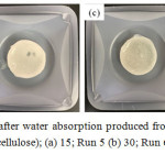 Figure 5: Hydrogel photos after water absorption produced from CMBC crosslinked with various DVS (wt% of total cellulose); (a) 15; Run 5 (b) 30; Run 6 (c) 65; Run 7 and (d) 200; Run 2
