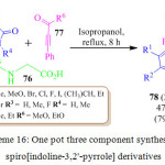 Scheme 16: One pot three component synthesis of spiro[indoline-3,2'-pyrrole] derivatives.