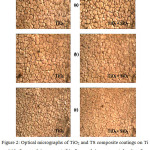 Figure 2: Optical micrographs of TiO2 and TS composite coatings on Ti (a) before applying current, (b) after applying a current density of 5mA/cm2 for 4 hours in SBF solution and  (c) after applying a current density of 5mA/cm2 for 4 hours in 9% NaCl solution.