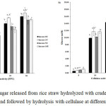 Figure 4: Reducing sugar released from rice straw hydrolyzed with crude laccase at 40°C (a) and 50°C (b) and followed by hydrolysis with cellulase at different activities.