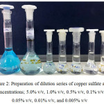 Figure 2: Preparation of dilution series of copper sulfate at 7 concentrations; 5.0% v/v, 1.0% v/v, 0.5% v/v, 0.1% v/v, 0.05% v/v, 0.01% v/v, and 0.005% v/v.