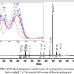 Figure 3: HPLC-PDA chromatogram of crude extract of Achillea fragrantisimma at 350 nm, their overlaid UV-Vis spectra (left corner of the chromatogram).