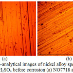 Figure 3: Micro-analytical images of nickel alloy specimens at mag.x40 from 2 M H2SO4 before corrosion (a) NO7718 and (b) NO7208.