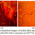 Figure 4: Micro-analytical images of nickel alloy specimens at mag. x40 from 2 M H2SO4/0% NaCl corrosion (a) NO7718 and (b) NO7208.