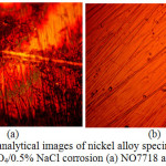 Figure 5: Micro-analytical images of nickel alloy specimens at mag. x40 from 2 M H2SO4/0.5% NaCl corrosion (a) NO7718 and (d) NO7208.