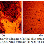 Figure 6: Micro-analytical images of nickel alloy specimens at mag. x40 from 2 M H2SO4/5% NaCl corrosion (a) NO7718 and (d) NO7208.