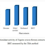 Figure 5: Antioxidant activity of Tagetes erecta flowers extracts and Standard BHT measured by the TBA method.