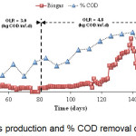 Figure 5: Profile biogas production and % COD removal on  days operation.