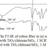 Figure 5: The FT-IR of cotton fiber in (a) uncoated (b) coated with TiO2/chitosan/SiO2, 1 M BTCA (c) coated with TiO2/chitosan/SiO2, 1 M CAA.
