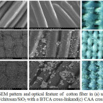 Figure 6: The SEM pattern and optical feature of  cotton fiber in (a) uncoated and (b) coated by TiO2/chitosan/SiO2 with a BTCA cross-linkand(c) CAA cross-link.