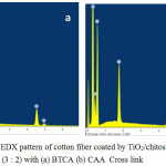 Figure 7: The EDX pattern of cotton fiber coated by TiO2/chitosan/SiO2 (3:2) with (a) BTCA (b) CAA Cross link.