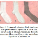 Figure 6: Socks made of cotton fabric during and after photochemical deposition of silver film a- parent socks; b- after photochemical deposition of monochloride copper film; c- after photochemical deposition of a silver film.