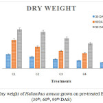 Figure 2: Dry weight of Helianthus annuus grown on pre-treated ETP sludge (30th, 60th, 90th DAS).