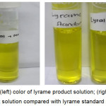 Figure 3: (left) color of lyrame product solution; (right) lyrame product solution compared with lyrame standard solution.