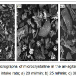 Figure 3: SEM micrographs of microcrystalline in the air-agitated crystallization column with feed intake rate; a) 20 ml/min; b) 25 ml/min; c) 38 ml/min.